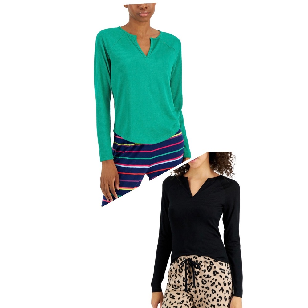 Jenni Women's Split-Neck Pajama Top Bundle of 2 - Green - Black - Size Small‎